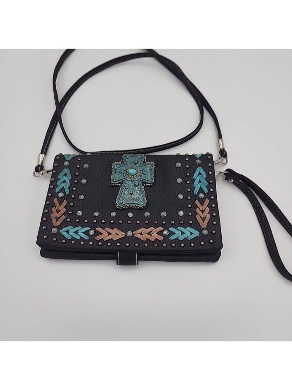P & G Turquoise Cross Gold Stud Lace Crossbody Trifold Wallet for Women Leather